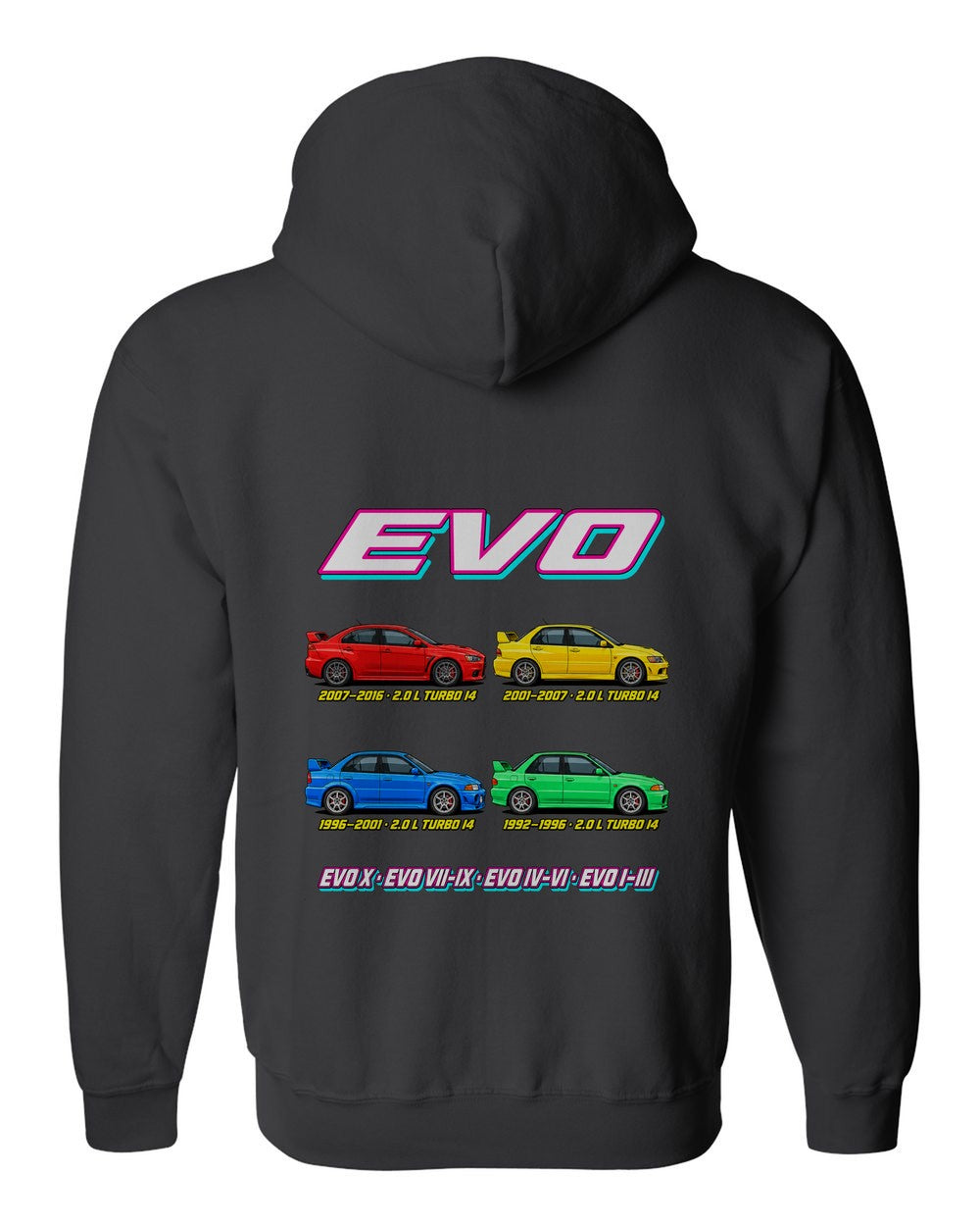 Mitsubishi Evo evolution poster black zip hoodie back view with the design