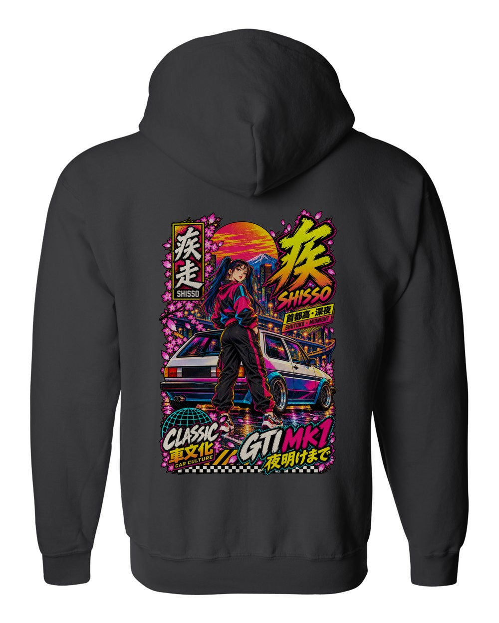 SHISSO GTI MK1 full-back artwork black zip hoodie back view with the design