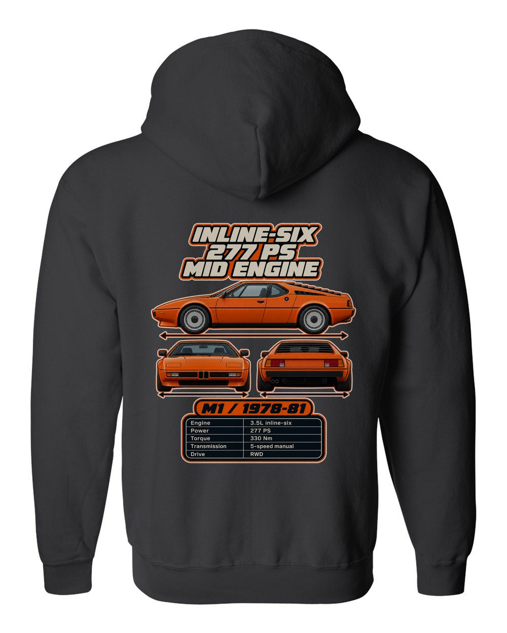 BMW M1 spec sheet black zip hoodie back view with the design