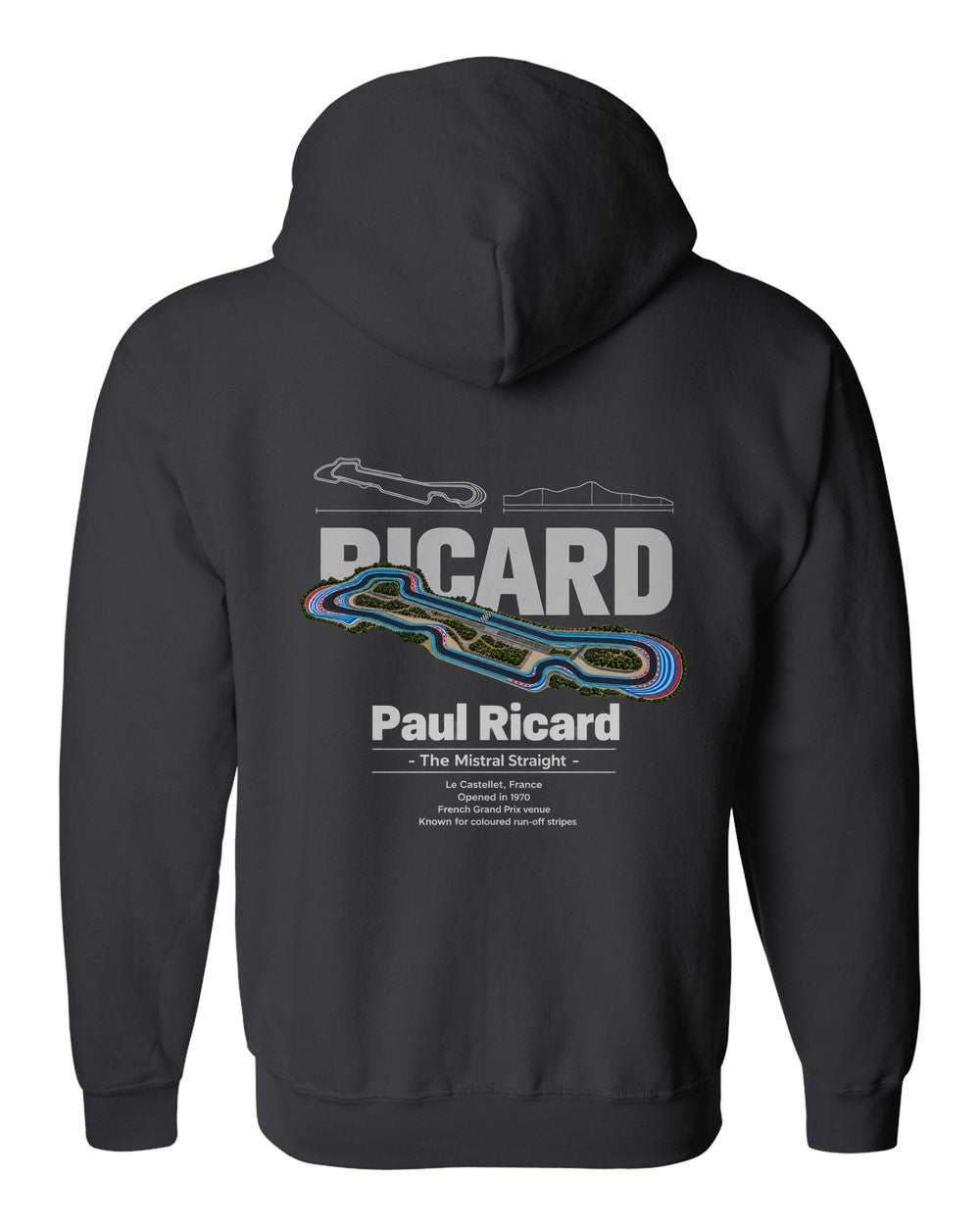 Paul Ricard black zip hoodie back view with the design