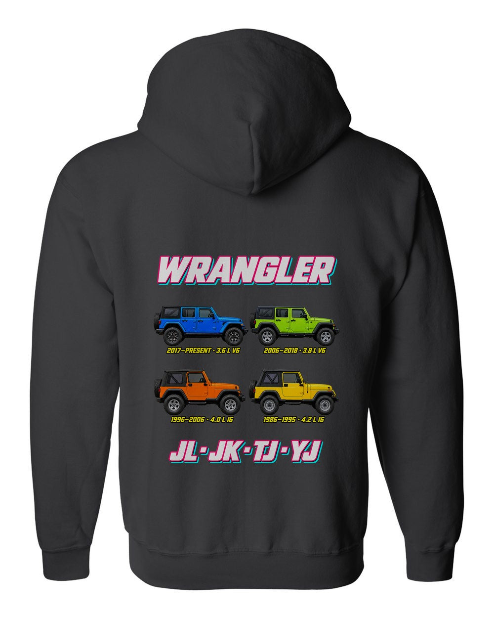 Jeep Wrangler evolution poster black zip hoodie back view with the design