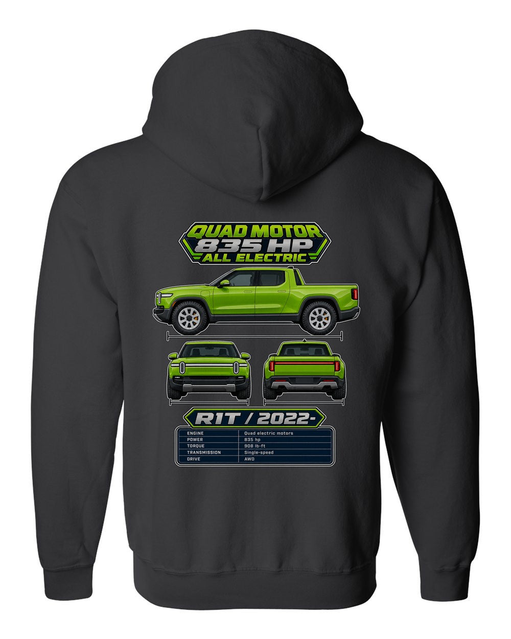 Rivian R1T spec sheet black zip hoodie back view with the design