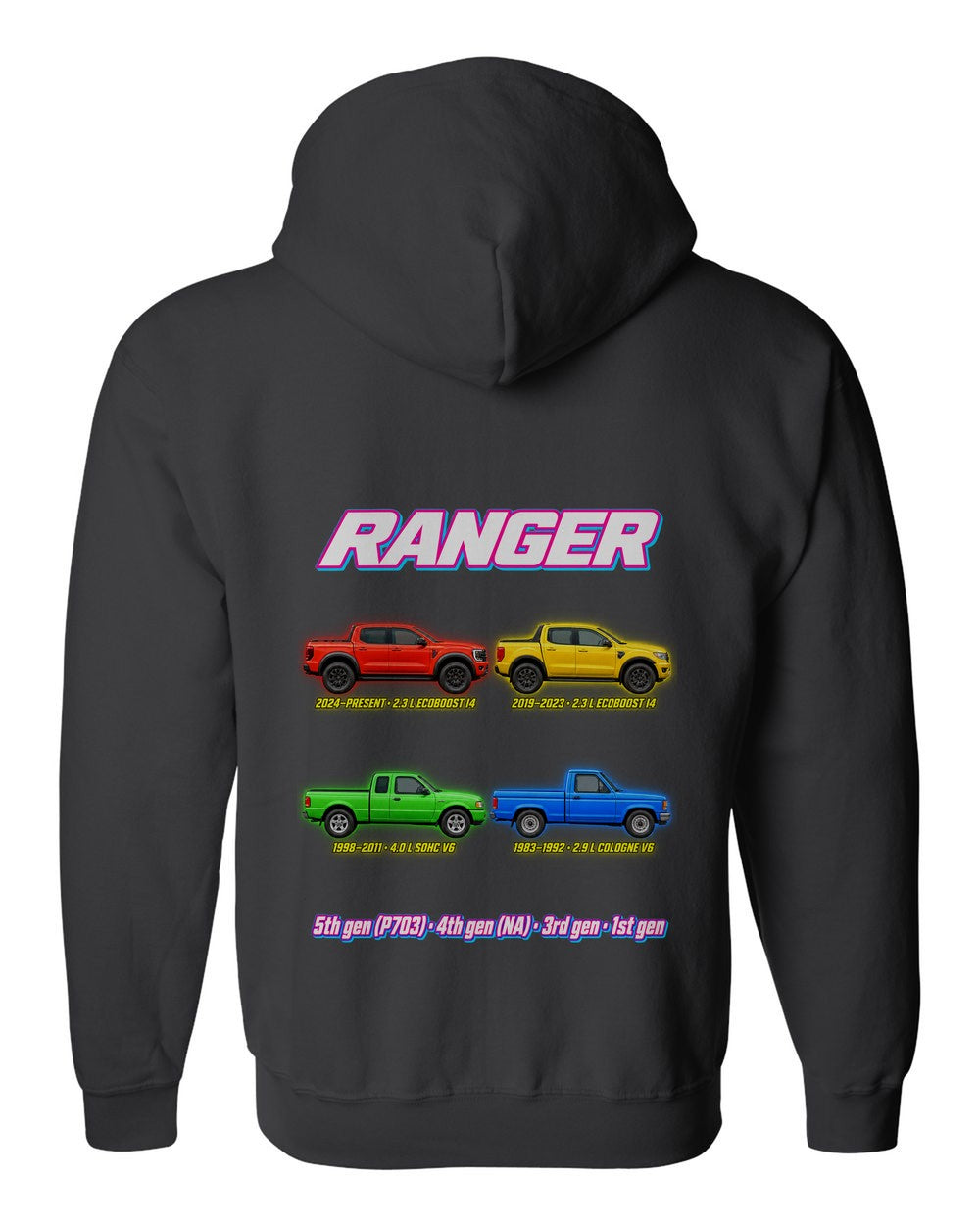 Ford Ranger evolution poster black zip hoodie back view with the design