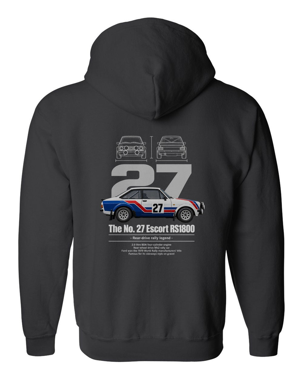 No. 27 Escort RS1800 black zip hoodie back view with the design