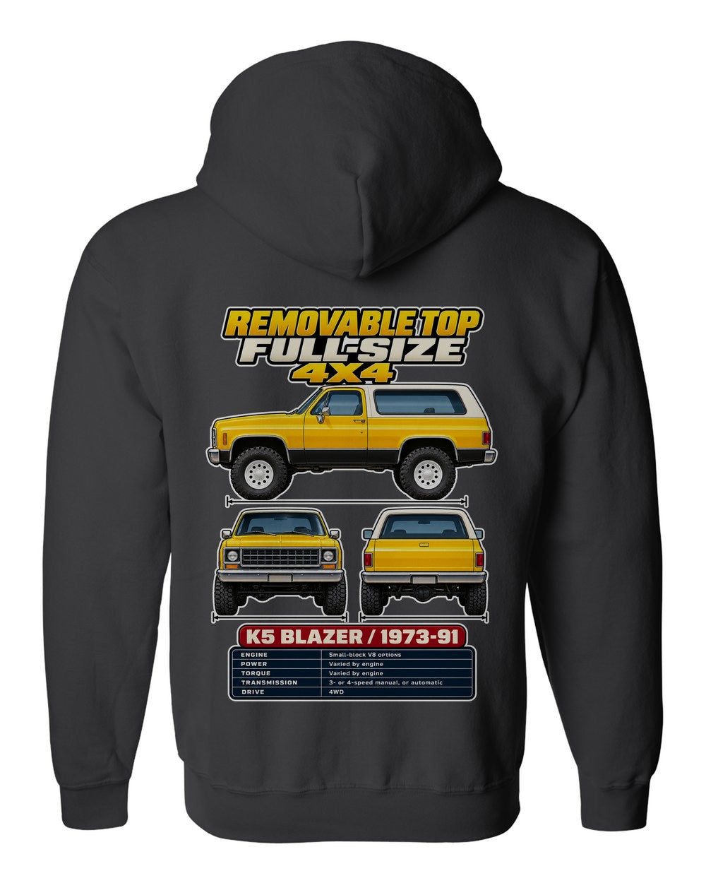 Chevrolet K5 Blazer spec sheet black zip hoodie back view with the design