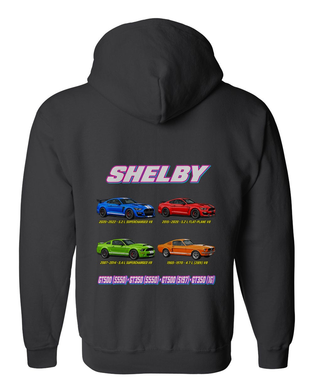 Shelby Mustang evolution poster black zip hoodie back view with the design