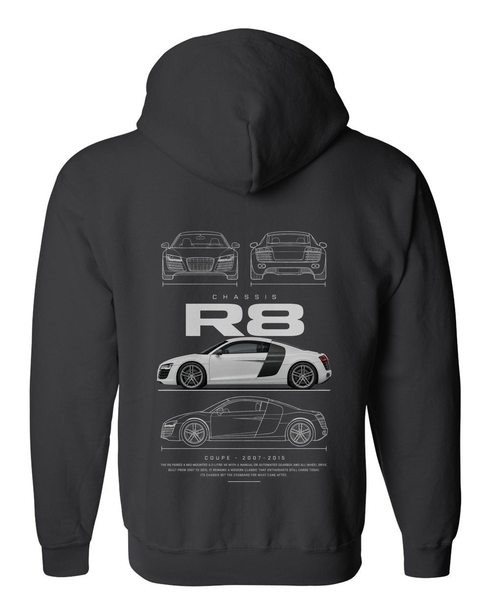 R8 full-back artwork black zip hoodie back view with the design