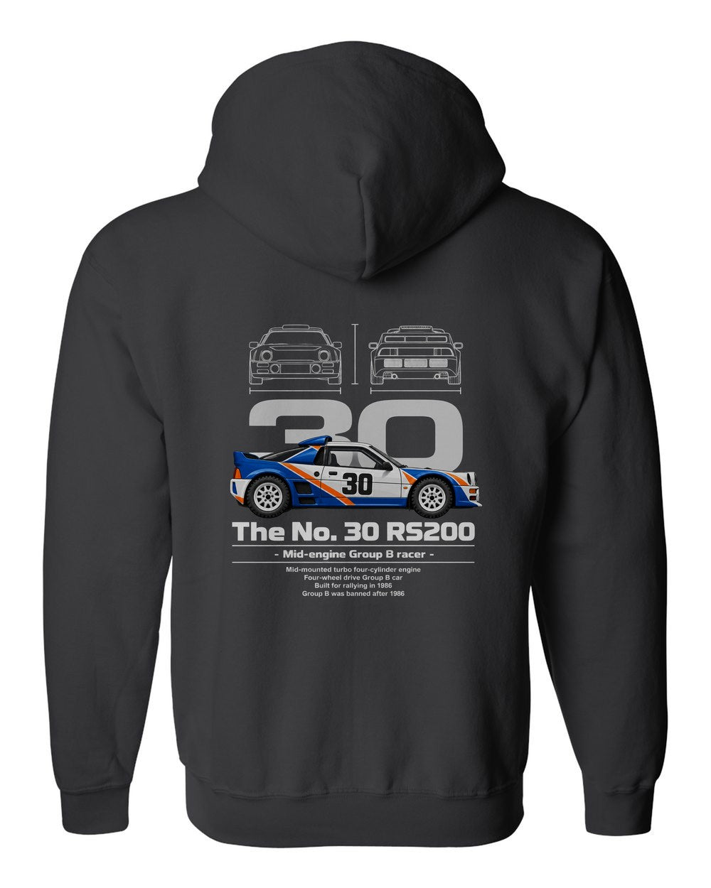 No. 30 RS200 black zip hoodie back view with the design