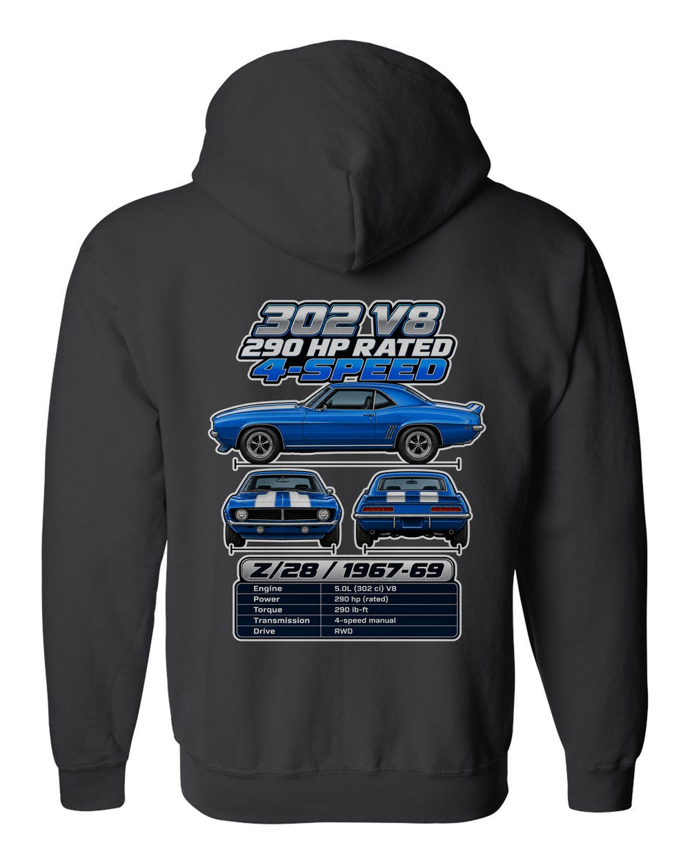 Chevrolet Camaro Z28 1967 spec sheet black zip hoodie back view with the design
