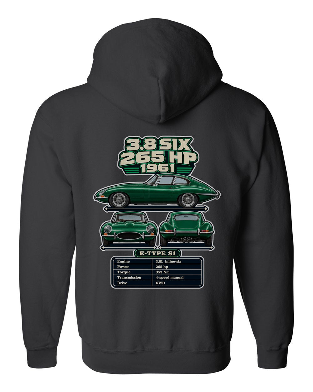 Jaguar E Type Series 1 spec sheet black zip hoodie back view with the design