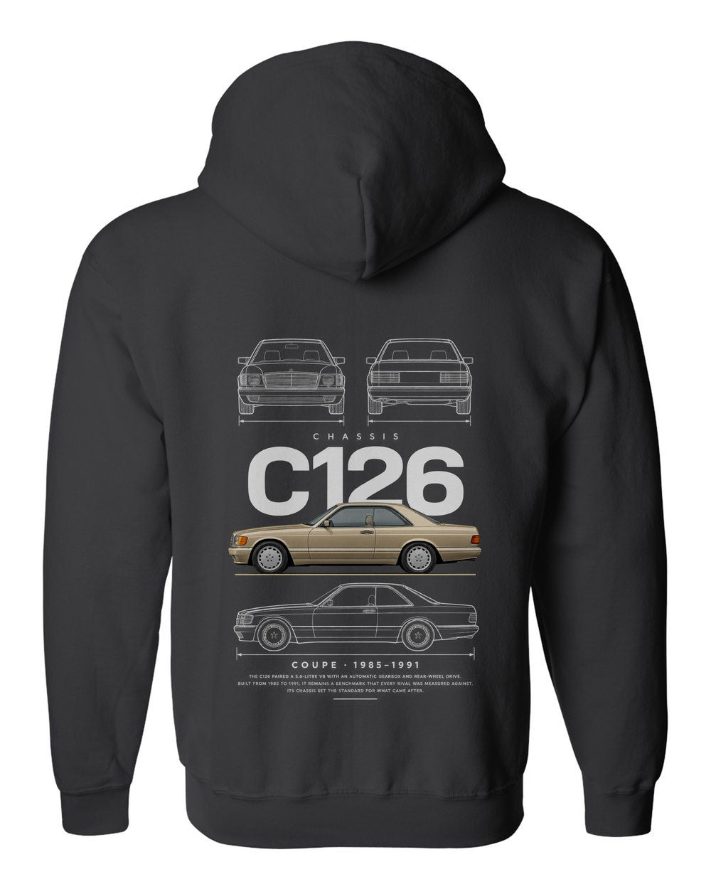 C126 full-back artwork black zip hoodie back view with the design