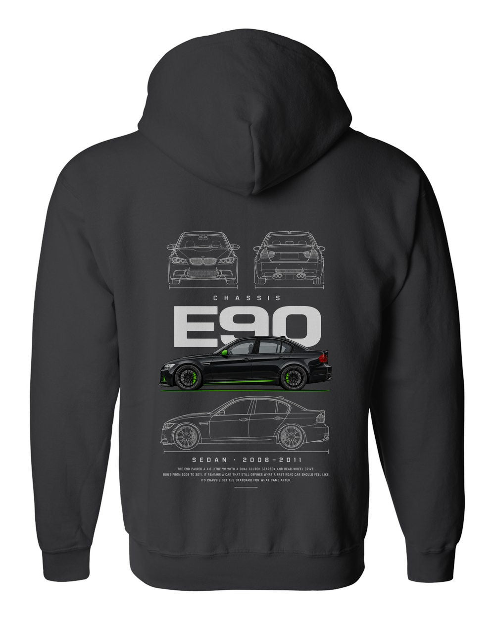 E90 full-back artwork black zip hoodie back view with the design
