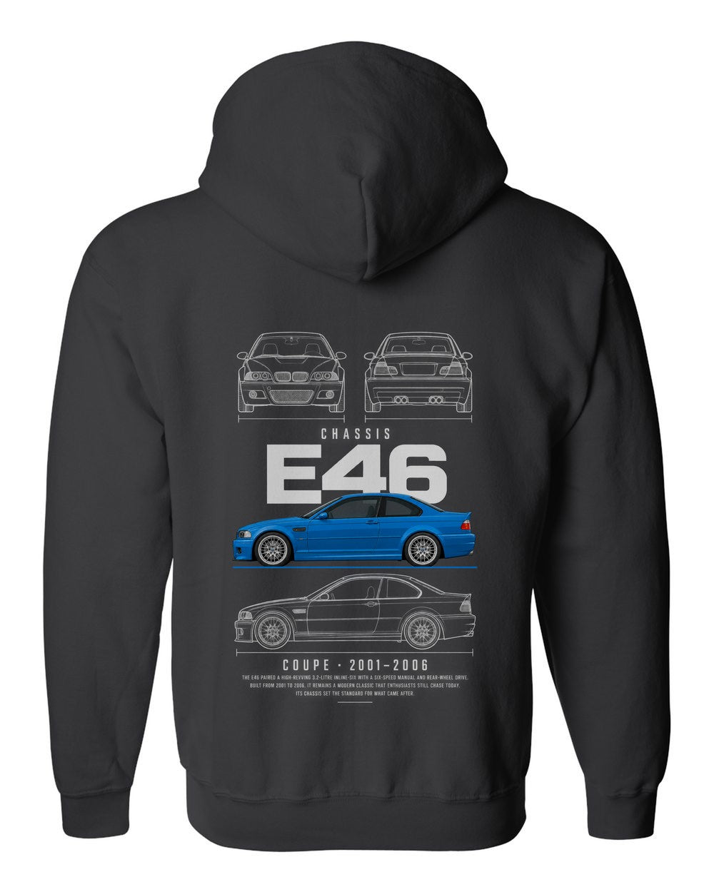 E46 full-back artwork black zip hoodie back view with the design