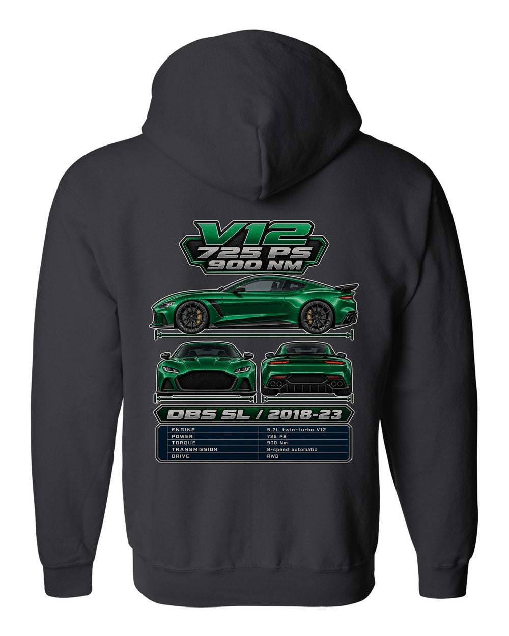 Aston Martin Dbs Superleggera spec sheet black zip hoodie back view with the design