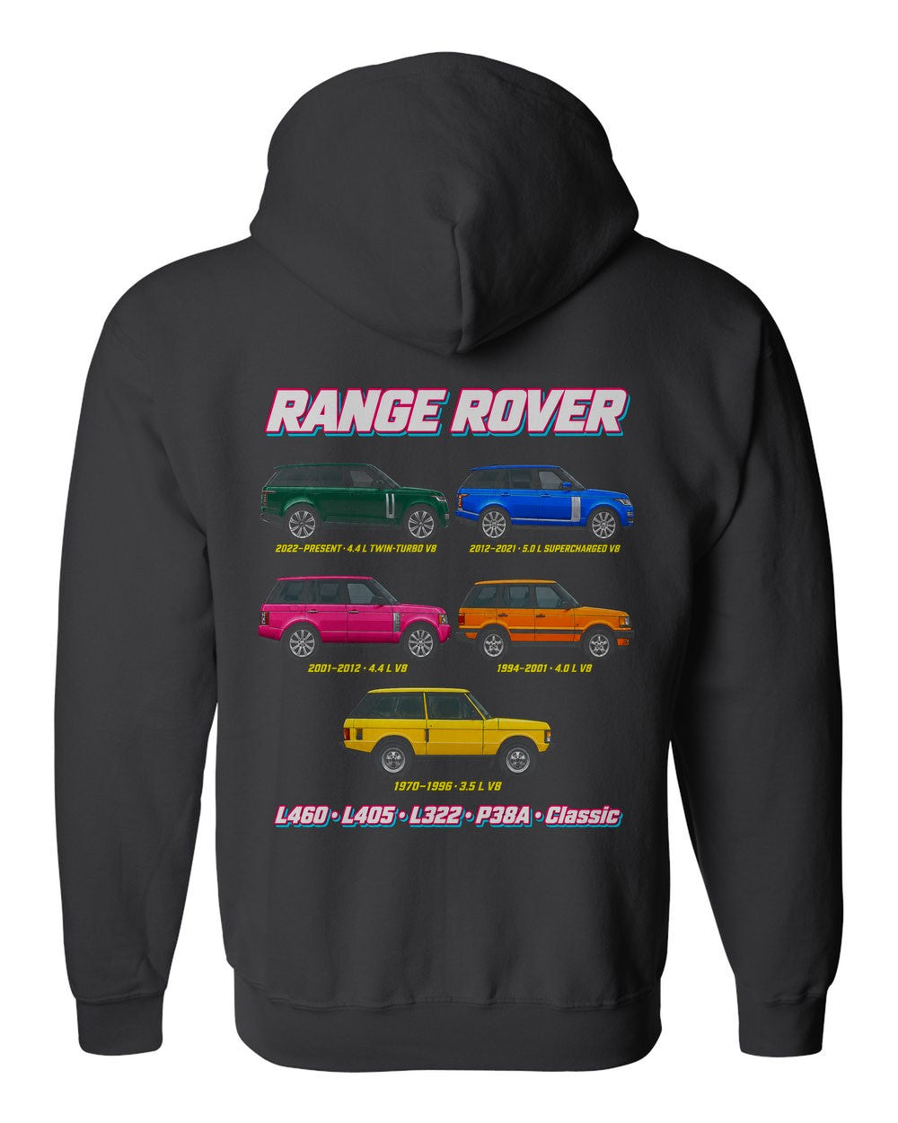 Range Rover evolution poster black zip hoodie back view with the design