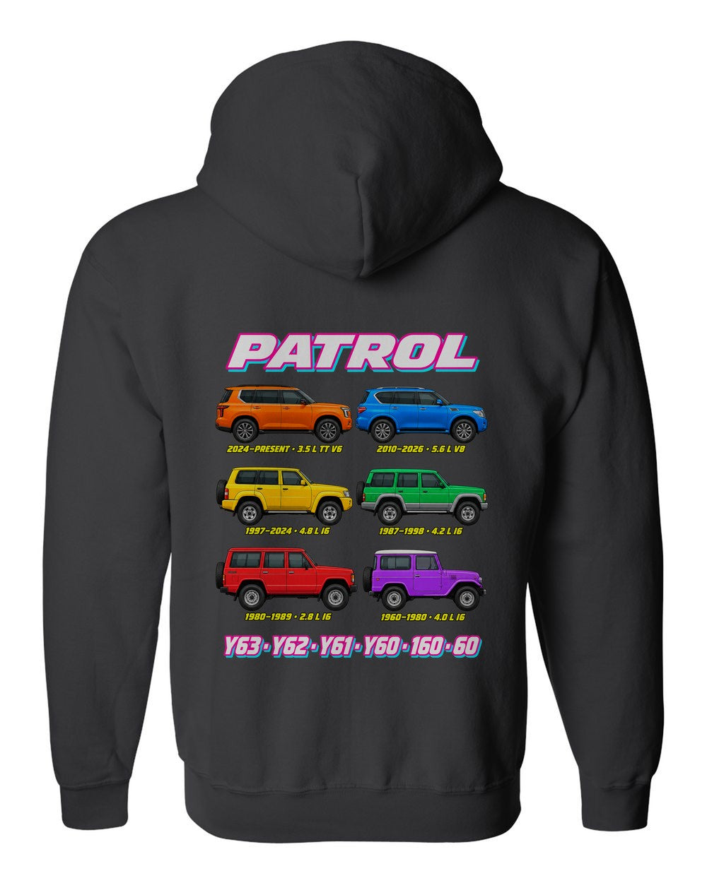 Nissan Patrol evolution poster black zip hoodie back view with the design