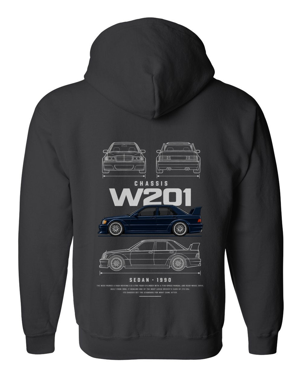 W201 full-back artwork black zip hoodie back view with the design