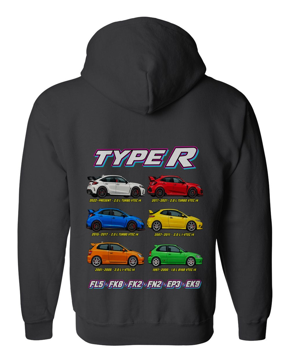 Honda Civic Type R evolution poster black zip hoodie back view with the design