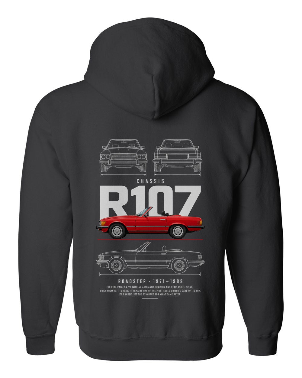 R107 full-back artwork black zip hoodie back view with the design