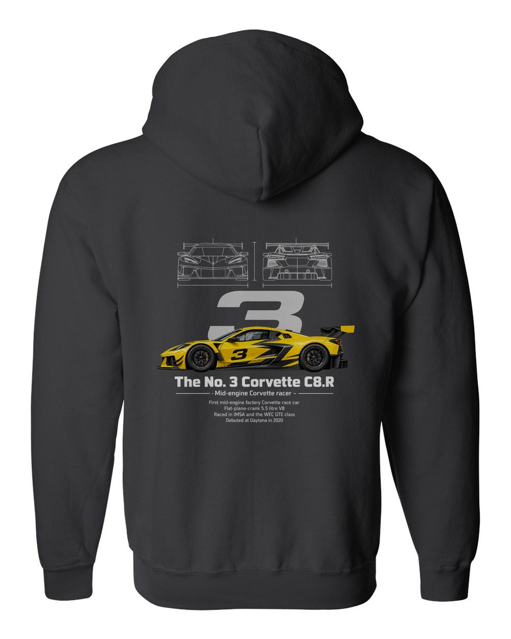 No. 3 Corvette C8.R black zip hoodie back view with the design