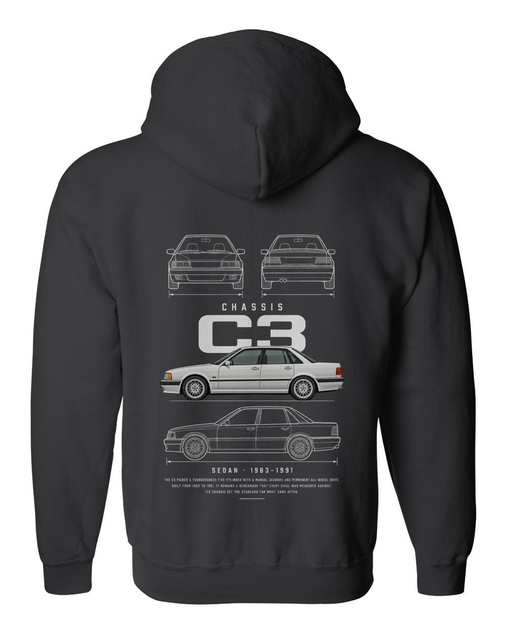 C3 full-back artwork black zip hoodie back view with the design