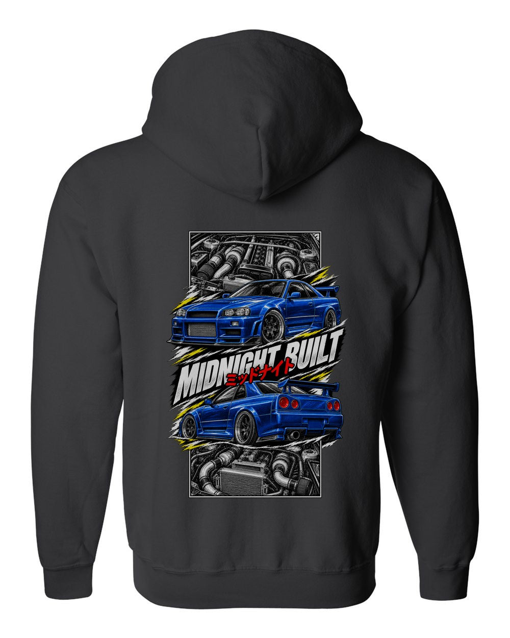 Nissan Skyline GT-R R34 torn poster black zip hoodie back view with the design