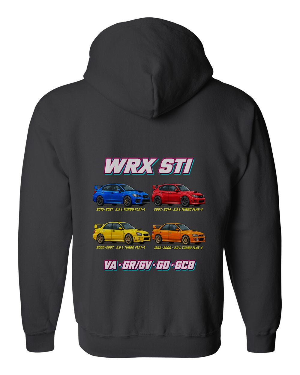 Subaru WRX STI evolution poster black zip hoodie back view with the design