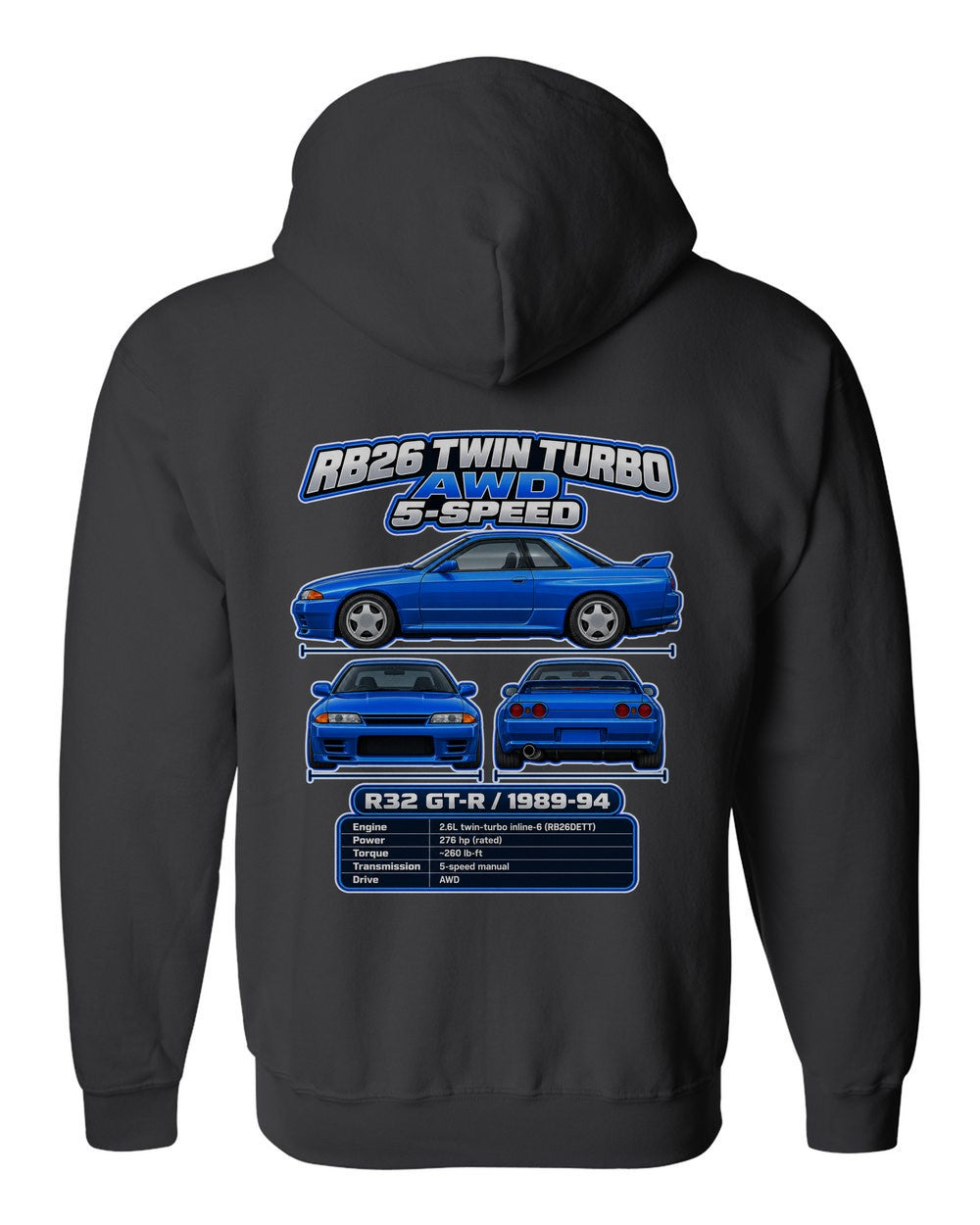 Nissan Skyline Gt R R32 spec sheet black zip hoodie back view with the design