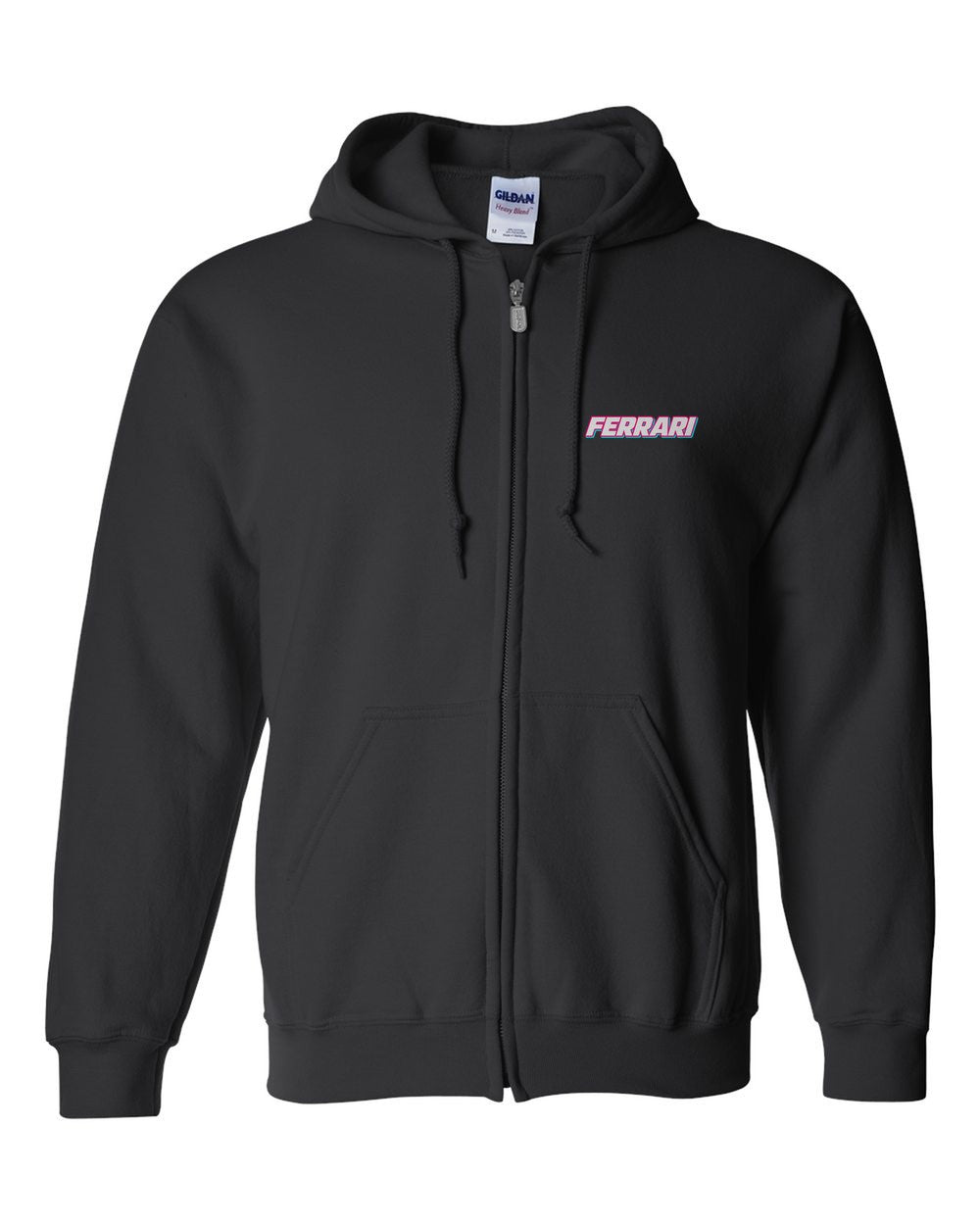 black zip hoodie front view with car name on pocket