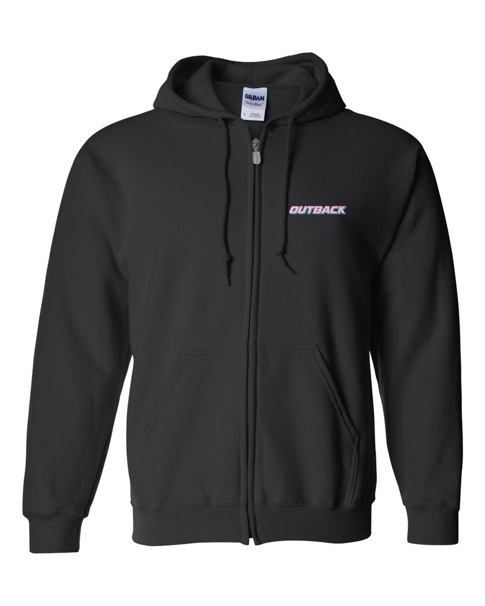 black zip hoodie front view with car name on pocket