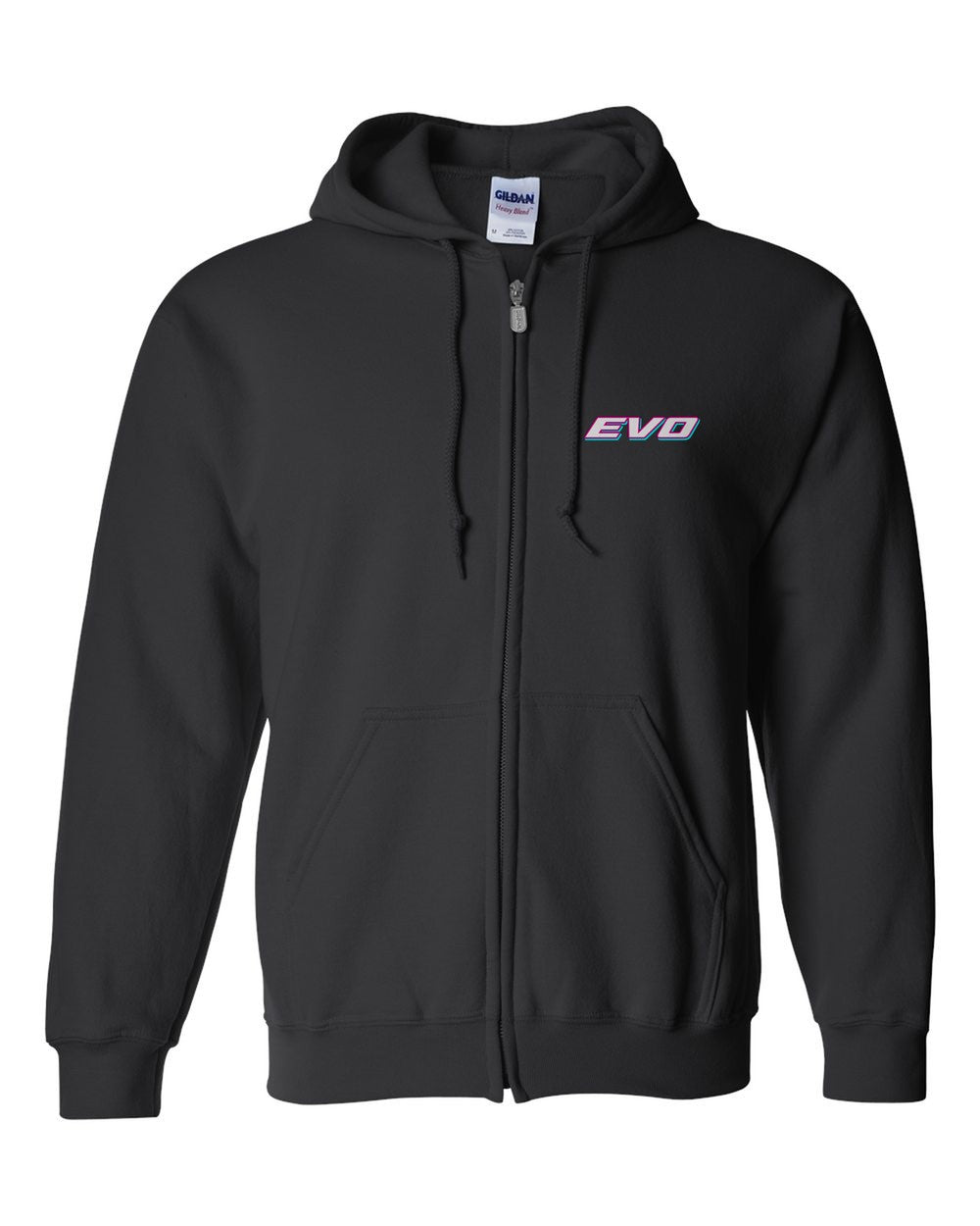 black zip hoodie front view with car name on pocket