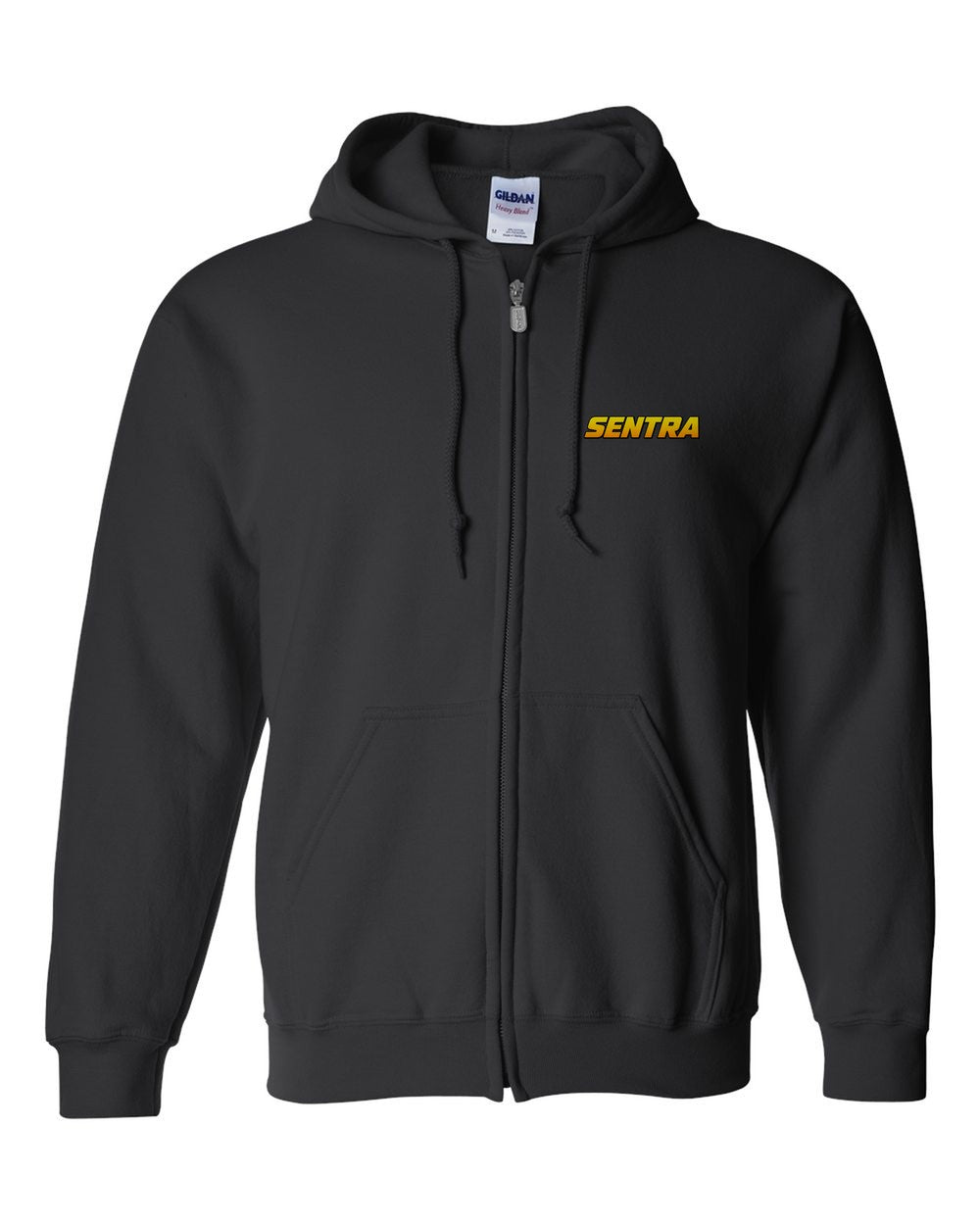 black zip hoodie front view with car name on pocket