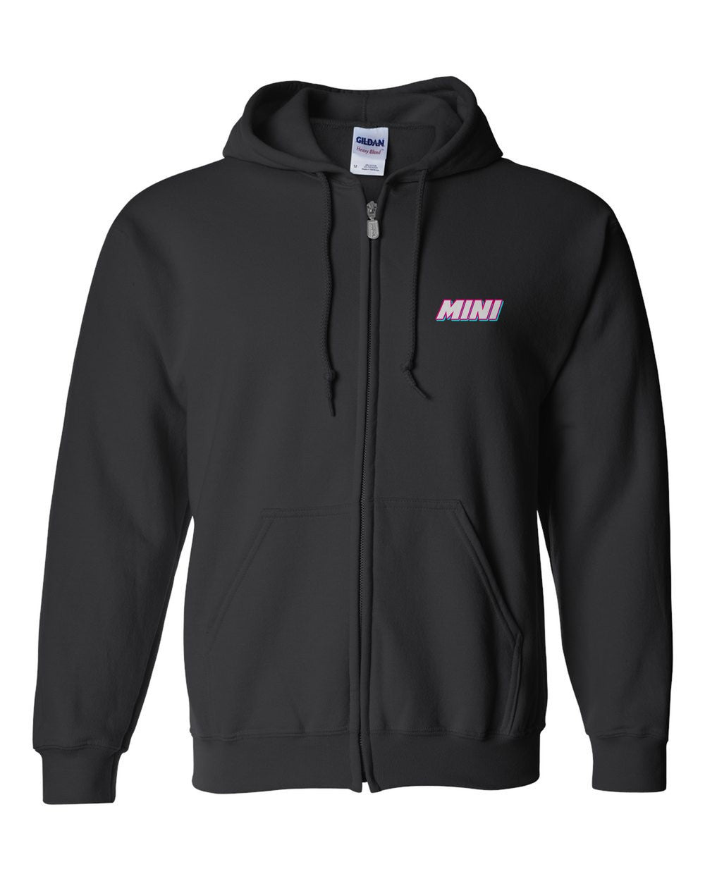 black zip hoodie front view with car name on pocket