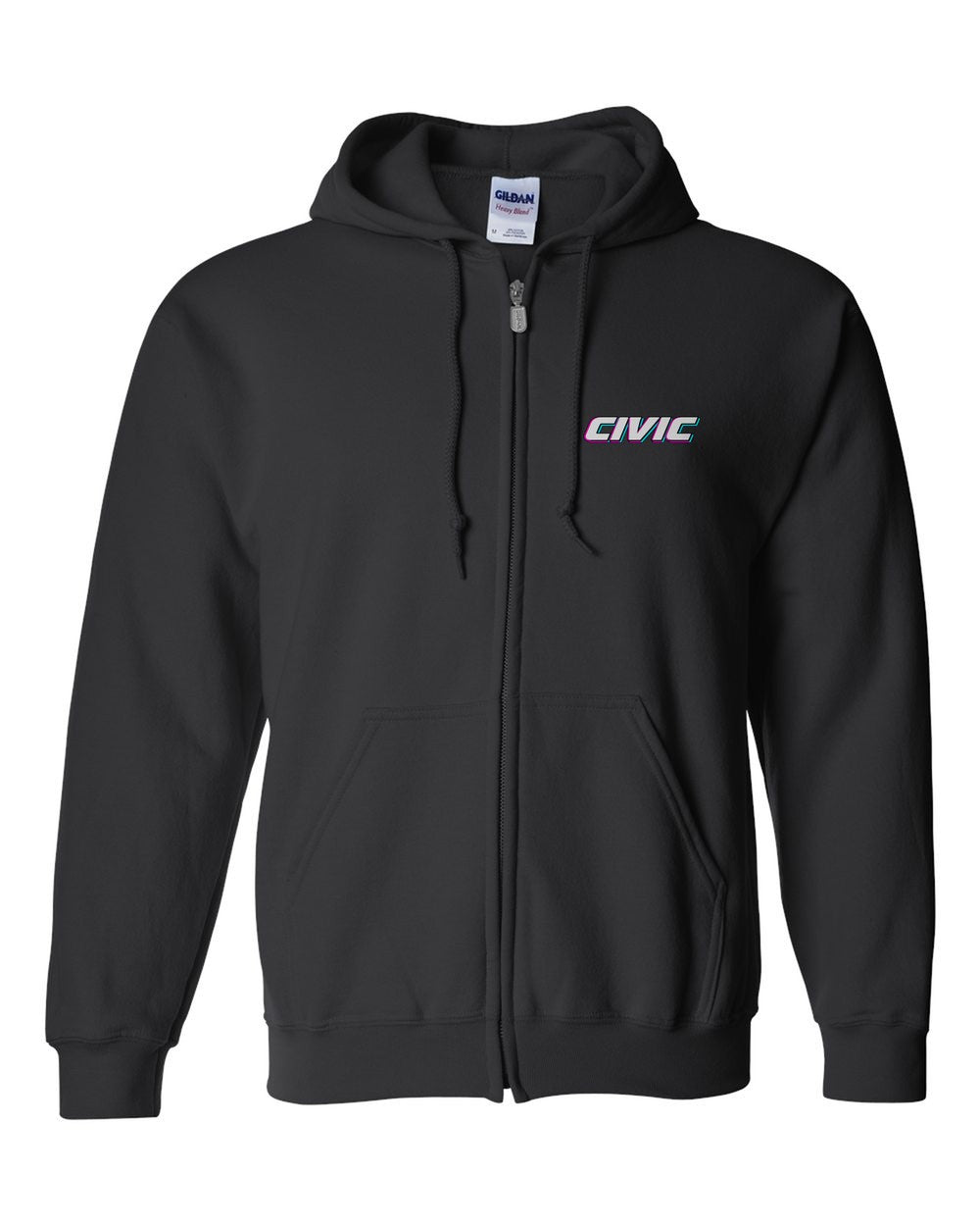 black zip hoodie front view with car name on pocket