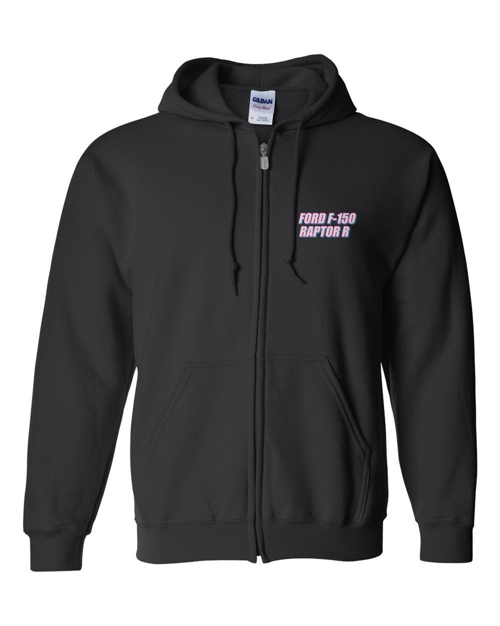 black zip hoodie front view with car name on pocket