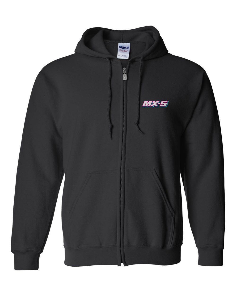 black zip hoodie front view with car name on pocket