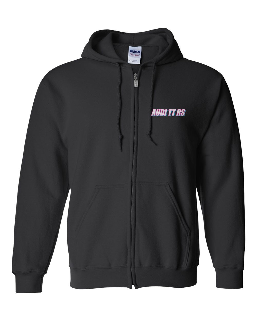 black zip hoodie front view with car name on pocket