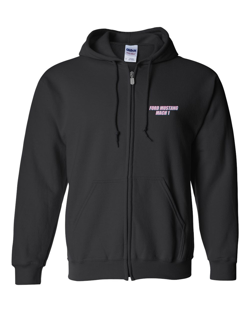 black zip hoodie front view with car name on pocket