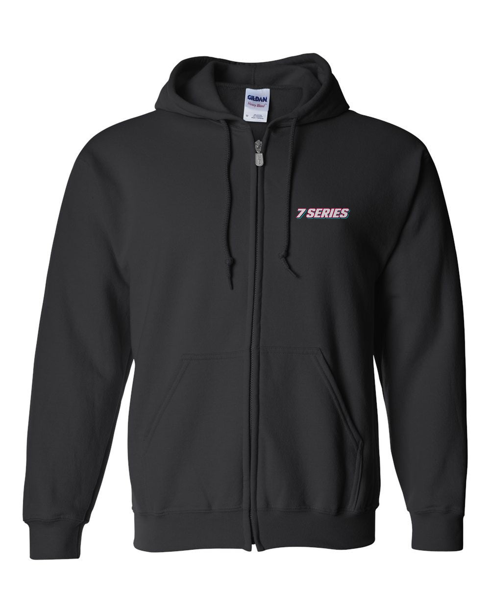 black zip hoodie front view with car name on pocket