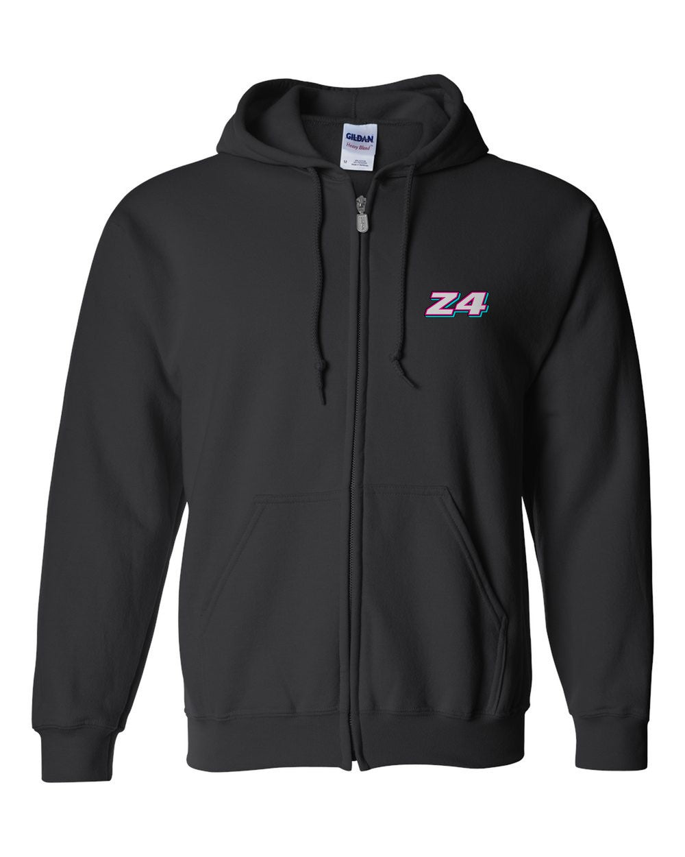 black zip hoodie front view with car name on pocket