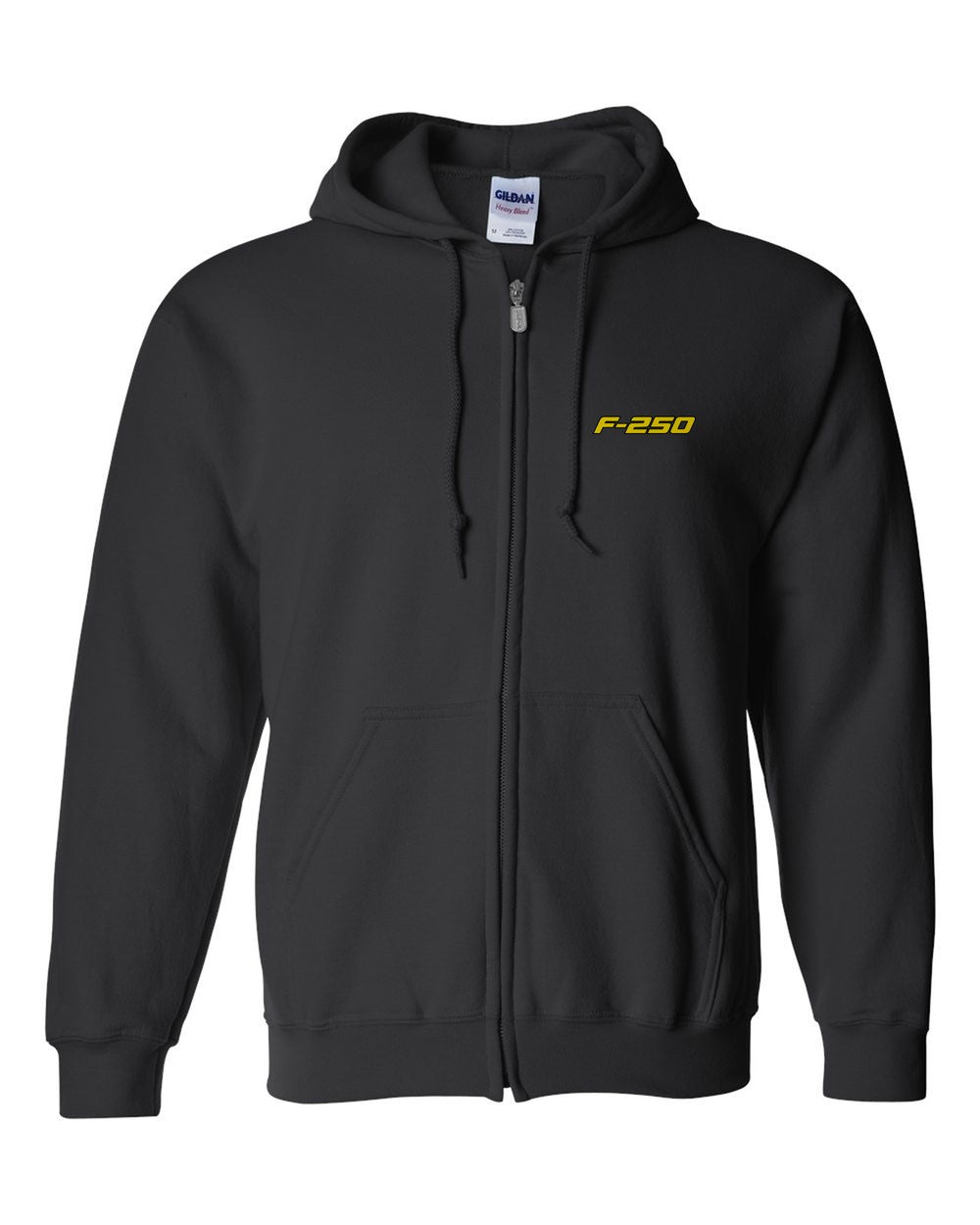 black zip hoodie front view with car name on pocket