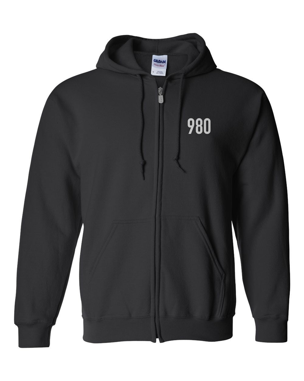 black zip hoodie front view with small code mark