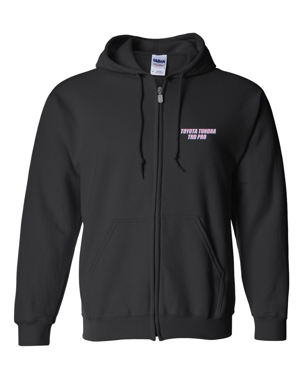 black zip hoodie front view with car name on pocket