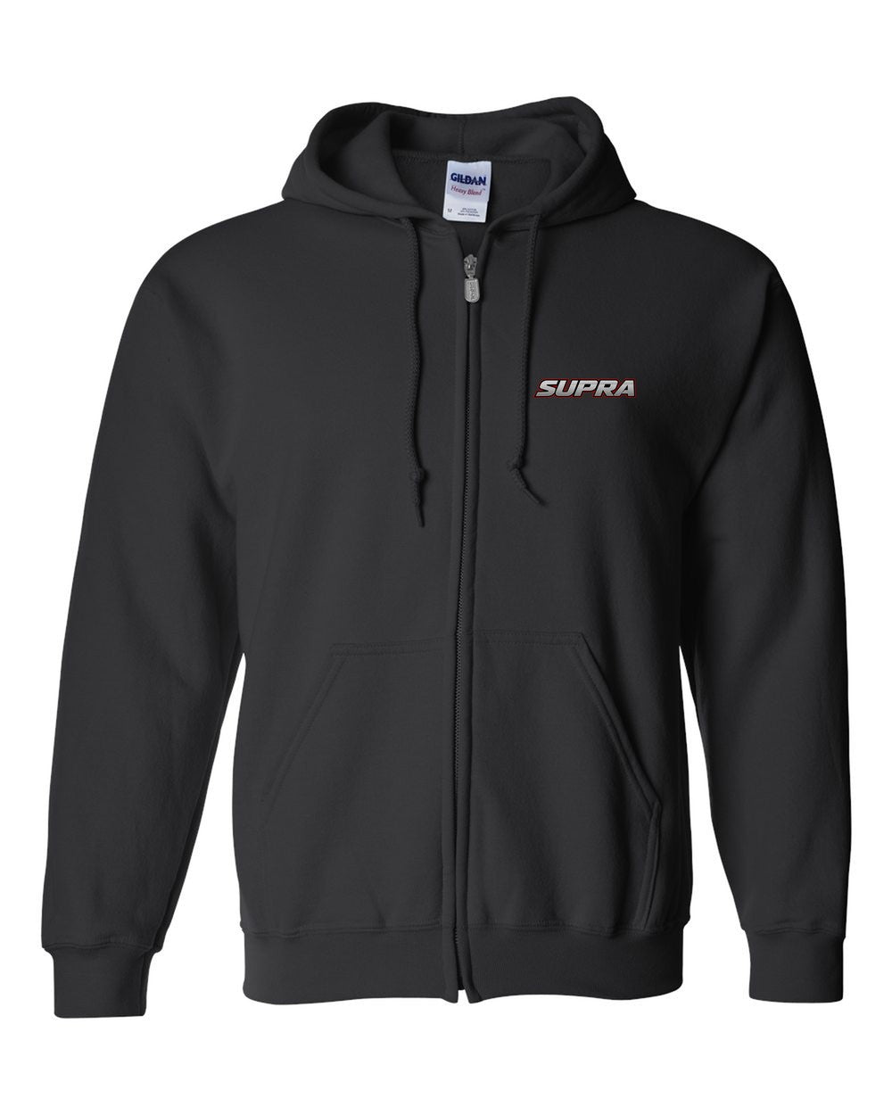 black zip hoodie front view with car name on pocket