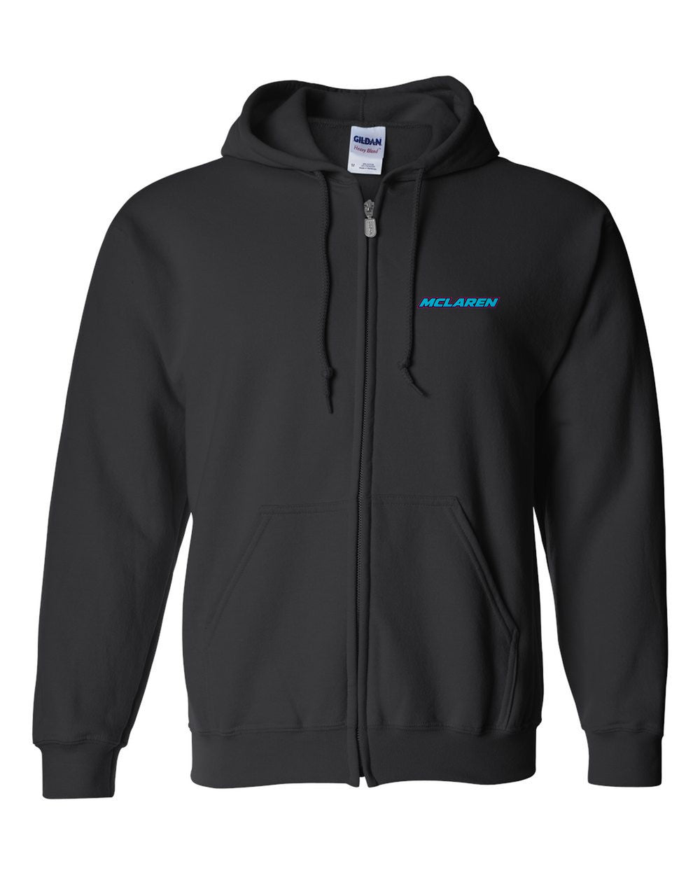 black zip hoodie front view with car name on pocket